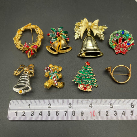 Gerry's Avon Vintage Christmas Holiday Brooch Lot of 8 Enamel Wreath Tree Bell