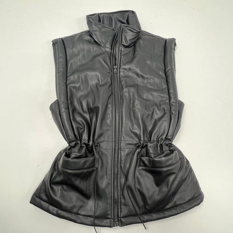 Steve Madden Women's Celestina Faux Leather Puffer Vest Black Cinch Waist M