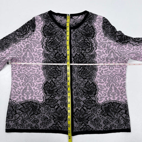 Basler Women's Pink Black Lace Print Cardigan & Top 2pc Twin Set Sz 46