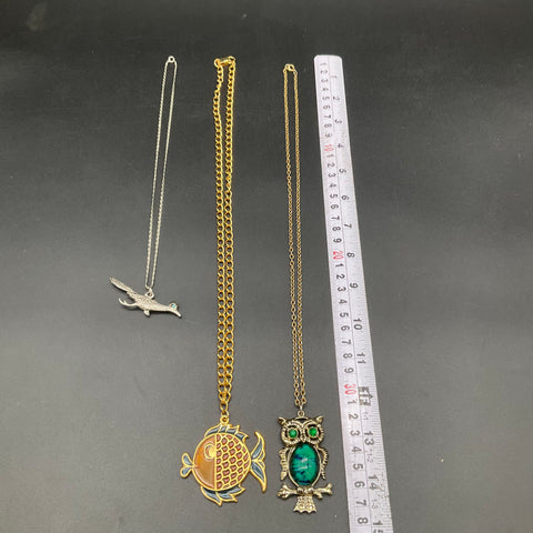 Vintage Animal Pendant Necklaces Lot 3pc Owl Fish Roadrunner Costume Jewelry