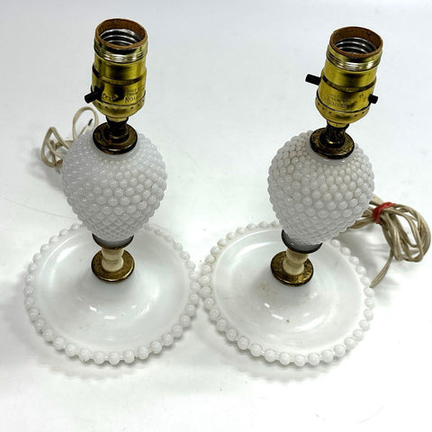 Vintage Milk Glass Hobnail Table Lamp Pair 11.5" White Mid-Century 2 Piece Set