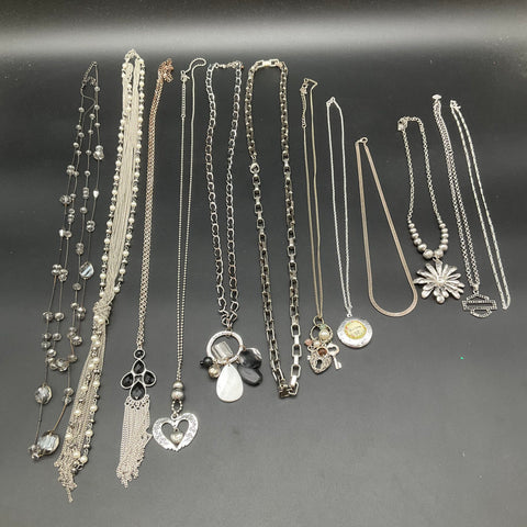 Fashion Jewelry Lot of 13 Necklaces Silver Tone Faux Pearl Tassel Locket Charms