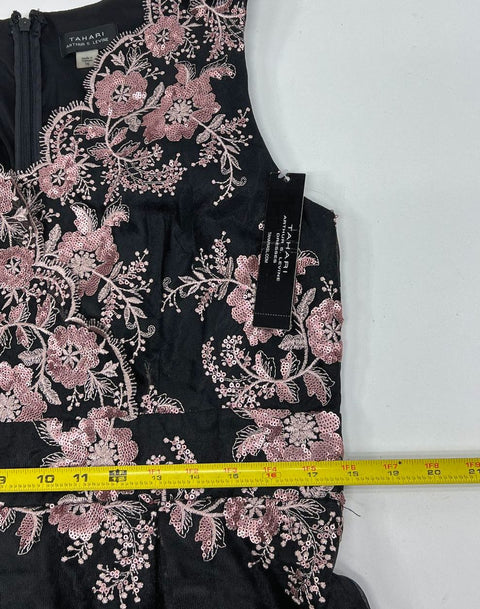 Tahari NWT Black Pink Sequin Embroidered Floral Mesh Cocktail Dress Women's 10