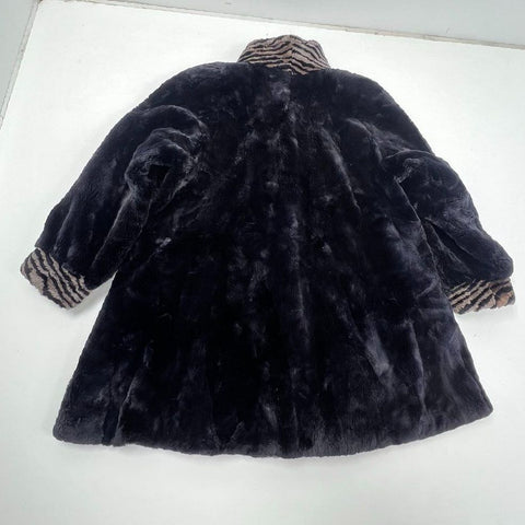 Vintage 80s Faux Fur Swing Coat Zebra Animal Print Trim Made in Canada SJW