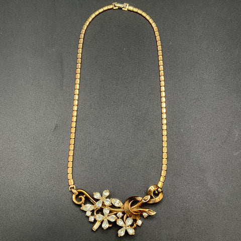 Vintage Trifari Alfred Philippe Gold Tone Rhinestone Floral Necklace 14.5"