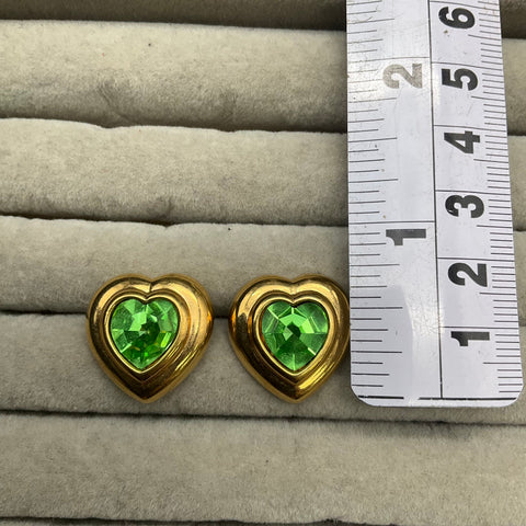 Vintage Avon Gold Tone UV Reactive Green Heart Faceted Stone Stud Earrings