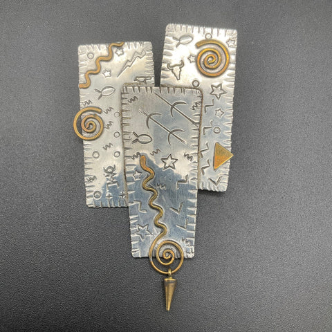 Vintage Q Miller Mixed Metal Southwestern Modernist Stamped Symbols Brooch Pin