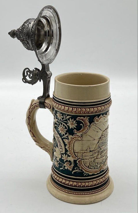 Vintage Beer Stein Salzburg Austria Relief Ceramic Stoneware Pewter Lid 10 Inch