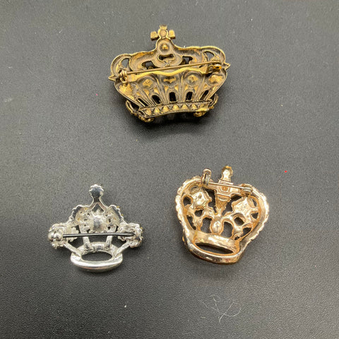 Vintage Crown Brooch Lot of 3 Rhinestone Faux Pearl Gold Silver Tone Costume