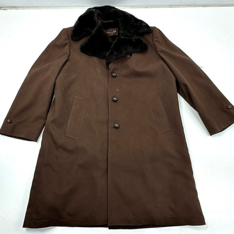 Vintage 70s Botany 500 Faux Fur Collar Lining Brown Overcoat Jacket Sz 46 Long