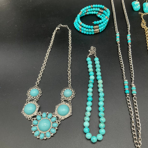Turquoise Style Beaded Statement Jewelry Lot 8pc Boho Western Necklaces Bracelet
