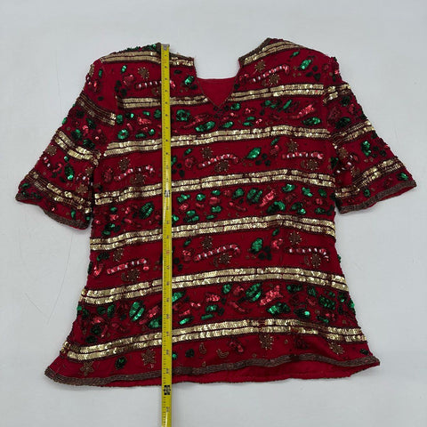 Vintage 90s Lawrence Kazar Beaded Silk Christmas Candy Cane Top Blouse Sz PS