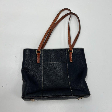 Dooney & Bourke Black Pebbled Leather Brown Trim Tote Shoulder Bag Gold Hardware