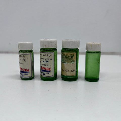 Vintage Rexall Apothecary Lot 6 Pieces Green Glass Bottles & Prescription Boxes