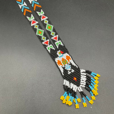 Vintage Native American Style Seed Bead Thunderbird Necklace Beaded Fringe 16"