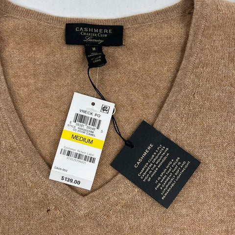 NWT Charter Club Heather Camel Cashmere V-Neck Pullover Sweater Women's M