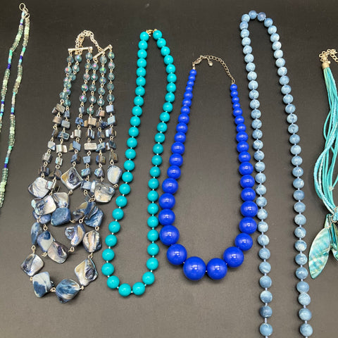 Costume Jewelry Necklace Lot of 9 Vintage to Modern Blue Turquoise Green Tones
