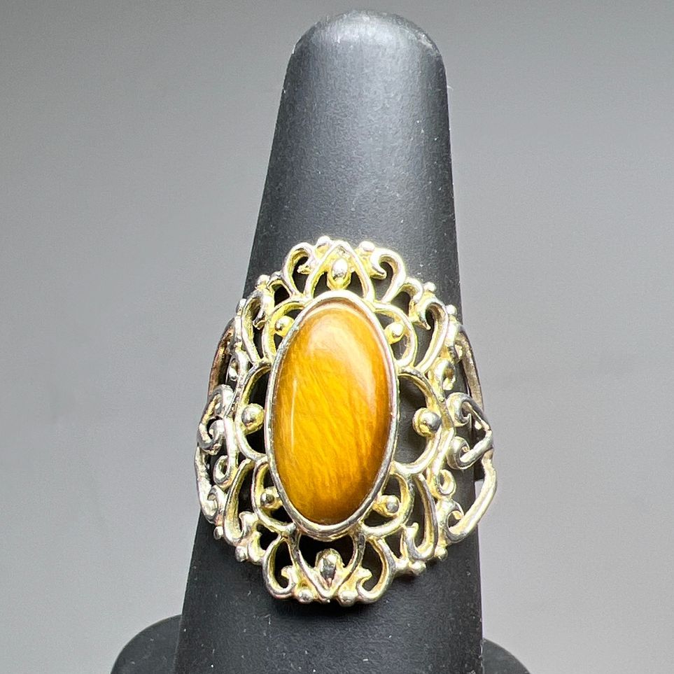 925 Sterling Silver Filigree Tiger's Eye Ring Size 6