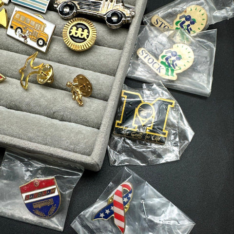 Vintage to Modern Lapel Pin Lot International Flags Bees School Transportation