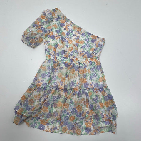 WAYF Women's Dress Ivory Floral NWT One Shoulder Puff Sleeve Tiered Sz L