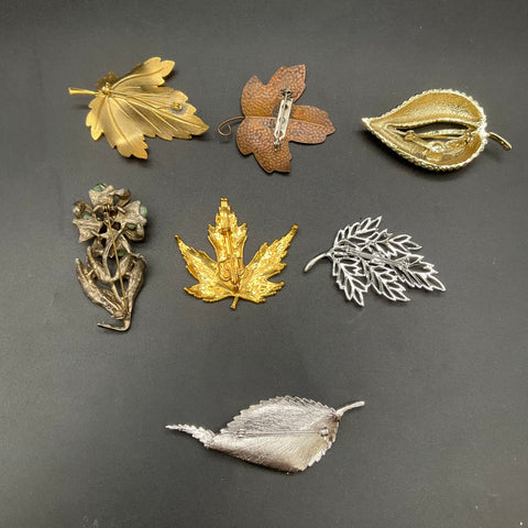 Vintage to Modern Costume Jewelry Lot 7 Leaf Brooches Pins Gold Silver Tone