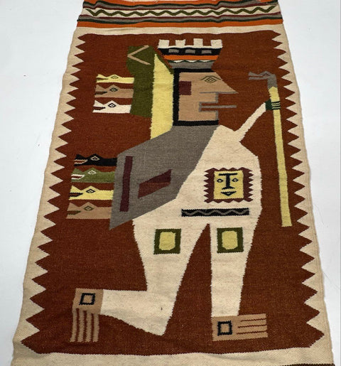 Vintage Andean Peruvian Woven Tapestry Rug Incan Warrior Motif Flatweave 47x23