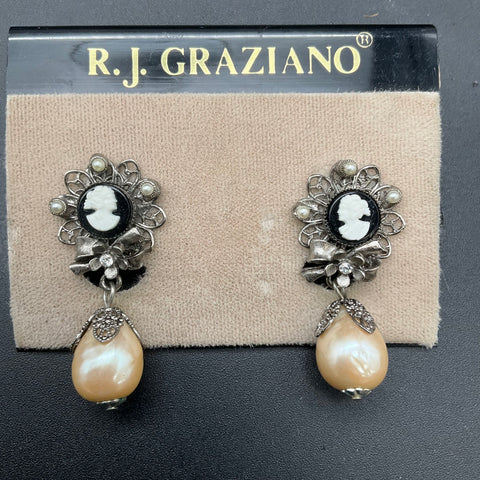 Vintage Victorian Revival R.J. Graziano Cameo Faux Pearl Clip Earrings