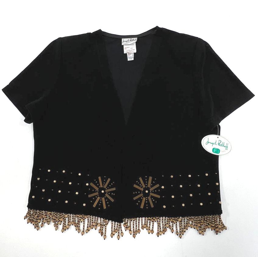 NWT Women's Joseph Ribkoff Black Knit Short Sleeve Beaded Fringe Jacket Size 14
