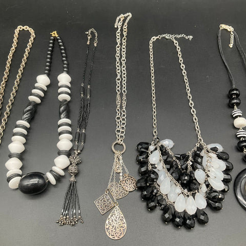 Black White Monochrome Costume Jewelry Lot of 10 Necklaces Beaded Statement