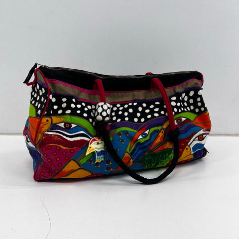 Vintage 90s Laurel Burch Multi-Color Canvas Bird Pattern Large Tote Handbag