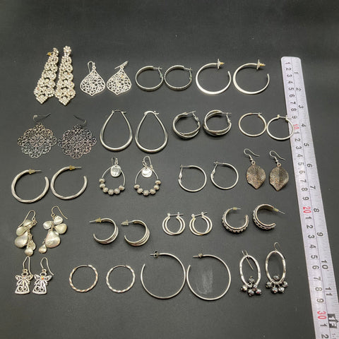 Vintage and Modern Silver Tone Jewelry Earring Lot 25 Pairs Hoops Dangles