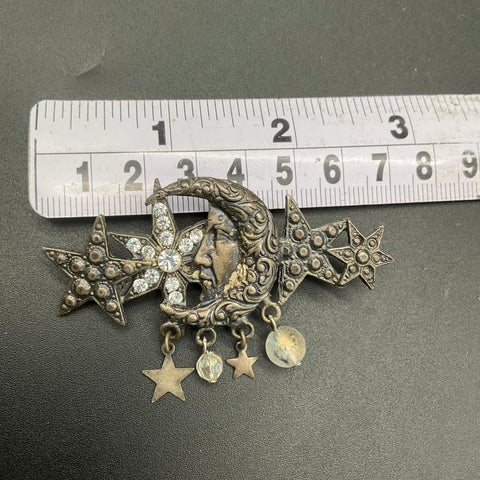 Vintage Kirks Folly Antiqued Silver Tone Celestial Crescent Moon Star Brooch