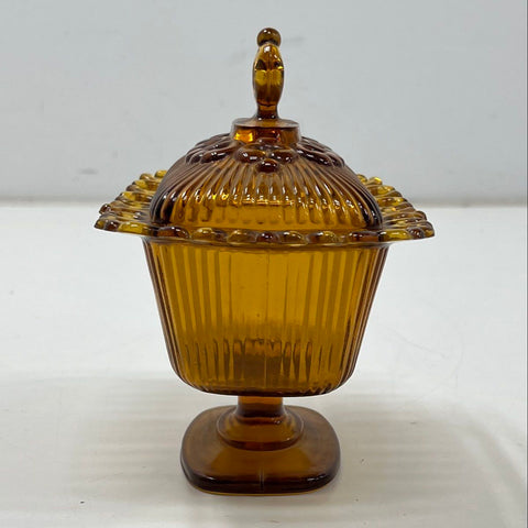 Pressed Glass Amber Ribbed Lidded Candy Dish Footed Compote Vintage 8 Inch
