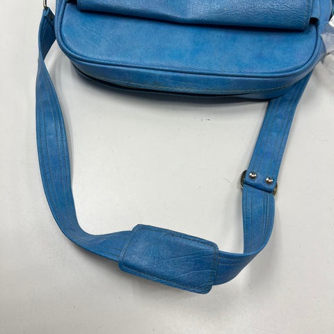Vintage 70s Samsonite Blue Faux Leather Flight Bag Carry On Satchel Silver Tone