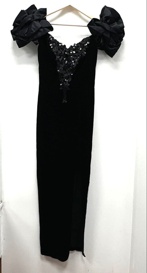 Vintage 90s Zum Zum Women's Black Velvet Sequin Ruffle Pouf Sleeve Dress Sz 3