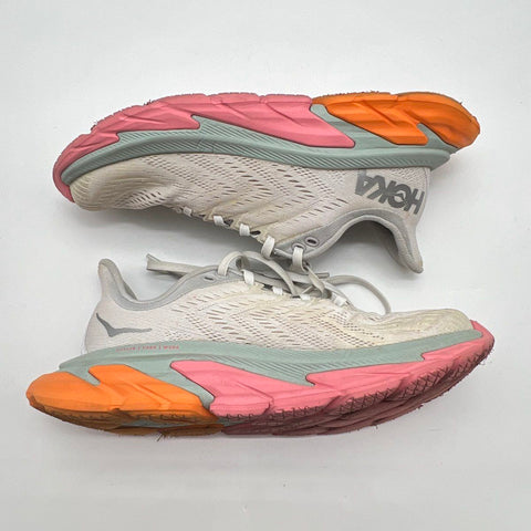 Hoka One One Clifton Edge White Grey Pink Orange Running Shoes Women's Size 7