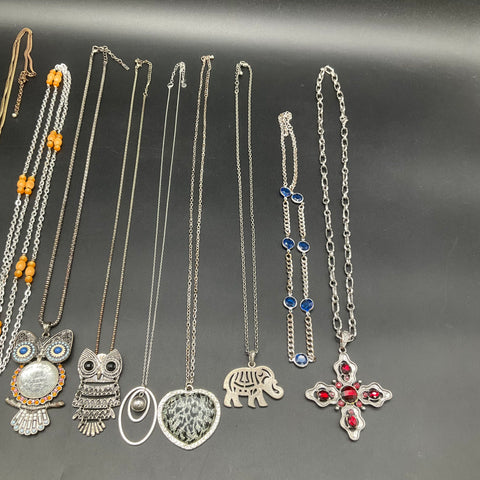 Vintage to Modern Costume Jewelry Lot 10pc Owl Elephant Cross Tassel Beads