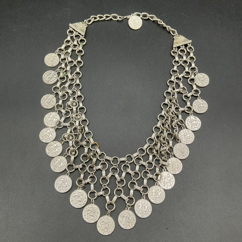Vintage Egyptian Revival Silver Tone Multi Strand Coin Bib Necklace