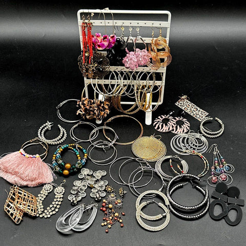 Vintage to Modern Mixed Costume Jewelry Earrings Lot Hoops Rhinestones Tassels