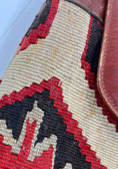 Vintage 90s Yun Art Brown Woven Kilim Southwestern Leather Shoulder Bag Tote