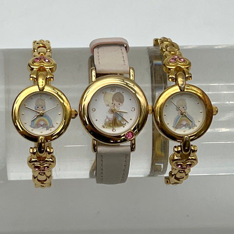 Vintage Precious Moments Gold Tone Watch Lot of 3 Pink Rhinestone Heart Leather