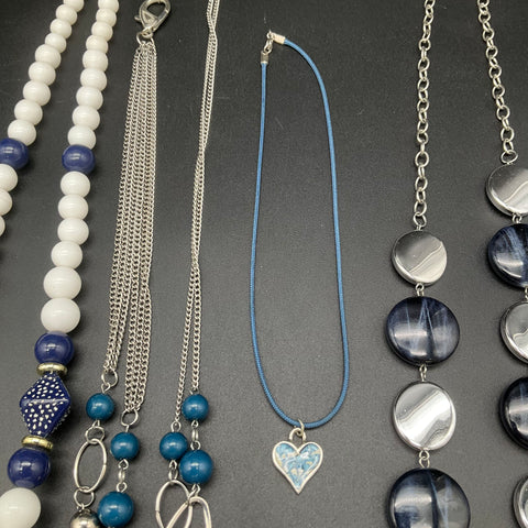 Blue and White Costume Jewelry Necklace Lot of 7 Beaded Silver Tone Boho Bib