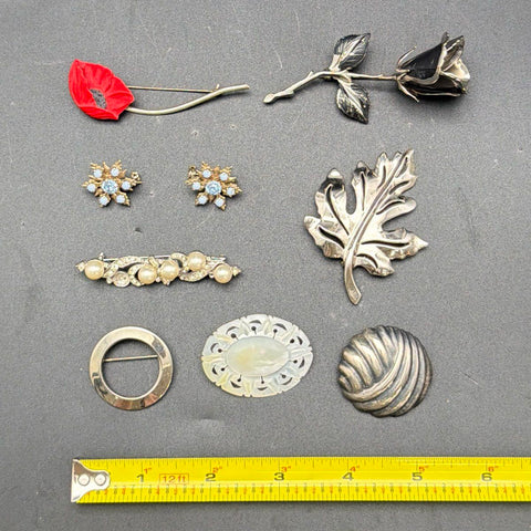 Vintage Costume Jewelry Lot 8pc Italy Silver Brooch Poppy Leaf Faux Pearl