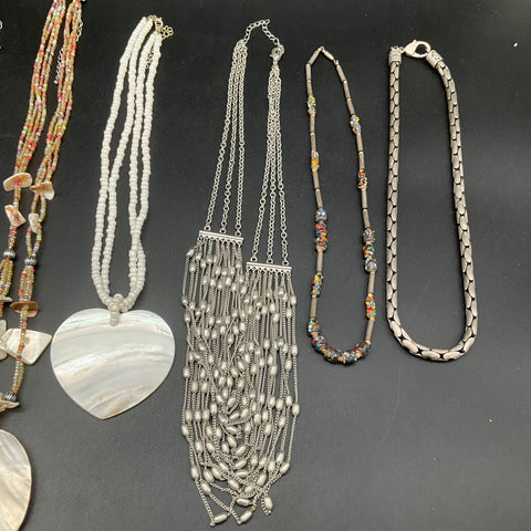 10 Necklace Jewelry Lot Mother of Pearl Abalone Shell Silver Tone Beaded