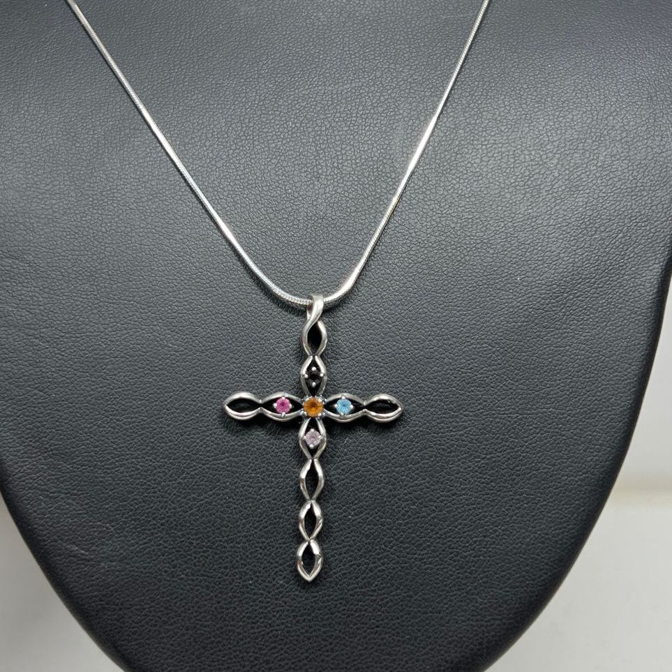 925 Sterling Silver Multiple Rhinestone Cross Necklace