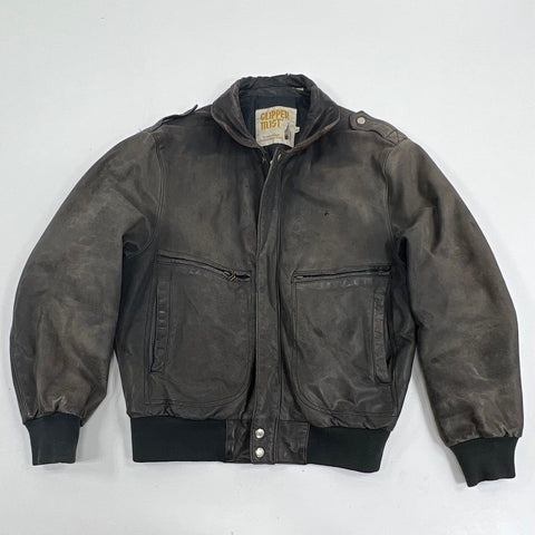 Vintage 80s Clipper Mist Men's Leather Bomber Jacket Faded Black Quilted Sz 38