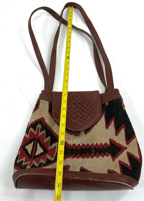 Vintage 90s Yun Art Brown Woven Kilim Southwestern Leather Shoulder Bag Tote