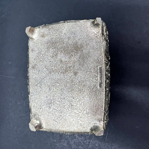 Vintage Silver Tone Courting Couple Repousse Jewelry Box Casket Red Velvet Japan