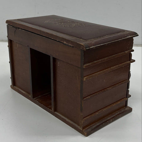 Vintage Wood Desk Jewelry Box Arc de Triomphe Style Greco-Roman Tooled Leather