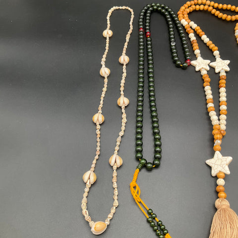 Boho Ethnic Wood Bead Shell Tassel Mala Jewelry Lot of 4